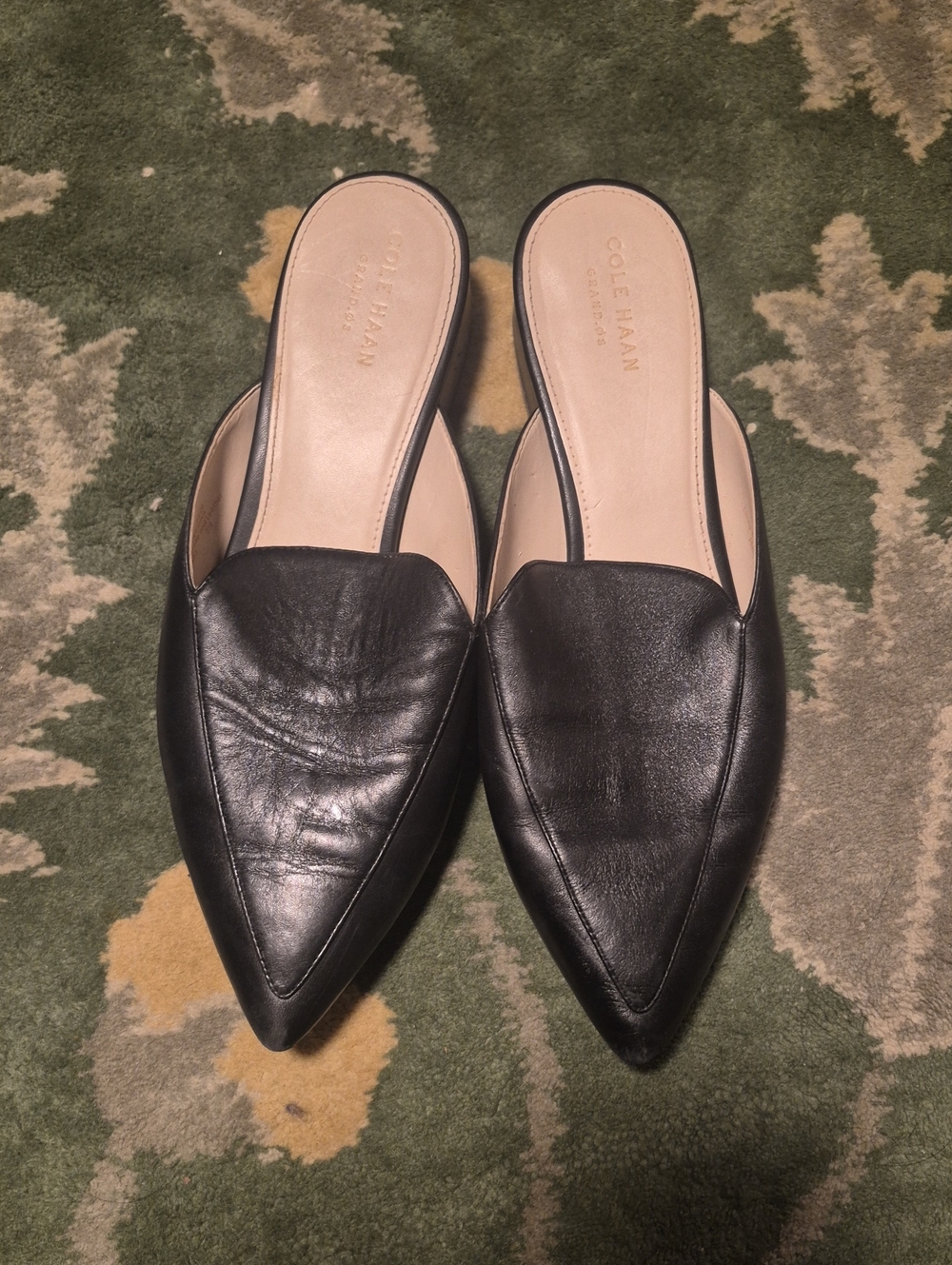 Cole Haan Black Pointed-Toe Leather Slide Mules